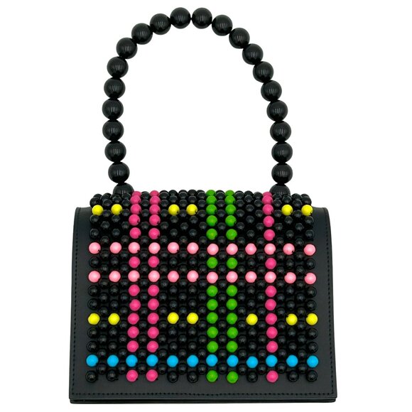 Les Petits Joueurs Leather Amour Beaded Bag Black PInk Green Yellow Blue